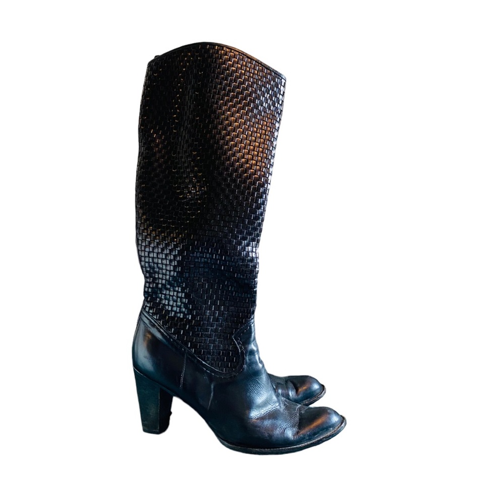 Stuart Weitzman Black Leather Woven Western Tall Boots